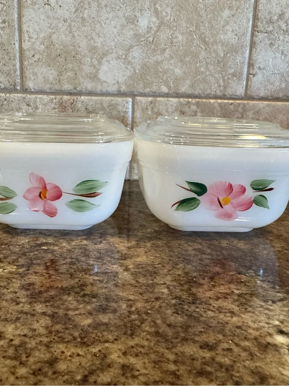 Vintage Fire-King Peach Blossom Gay Fad Refrigerator Dishes w Lids Set of 2